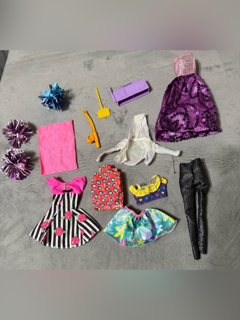Barbie Doll Clothes & Accessories Lot Dresses Outfits Pom Poms